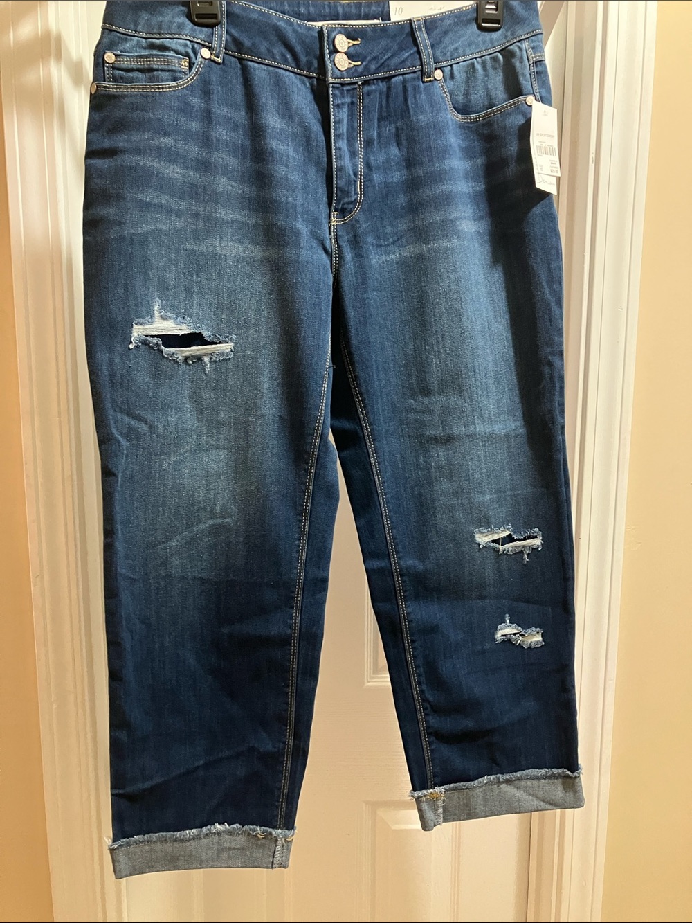 Cato Dark Blue Distressed Mid-Rise Girlfriend Crop Jeans Size 10